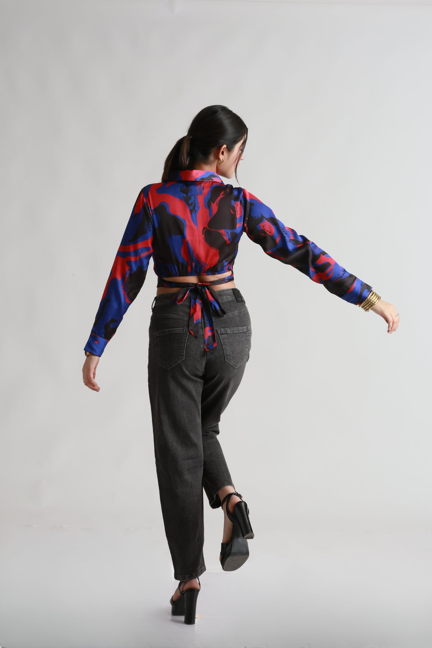 Blue Red Satin crop shirt