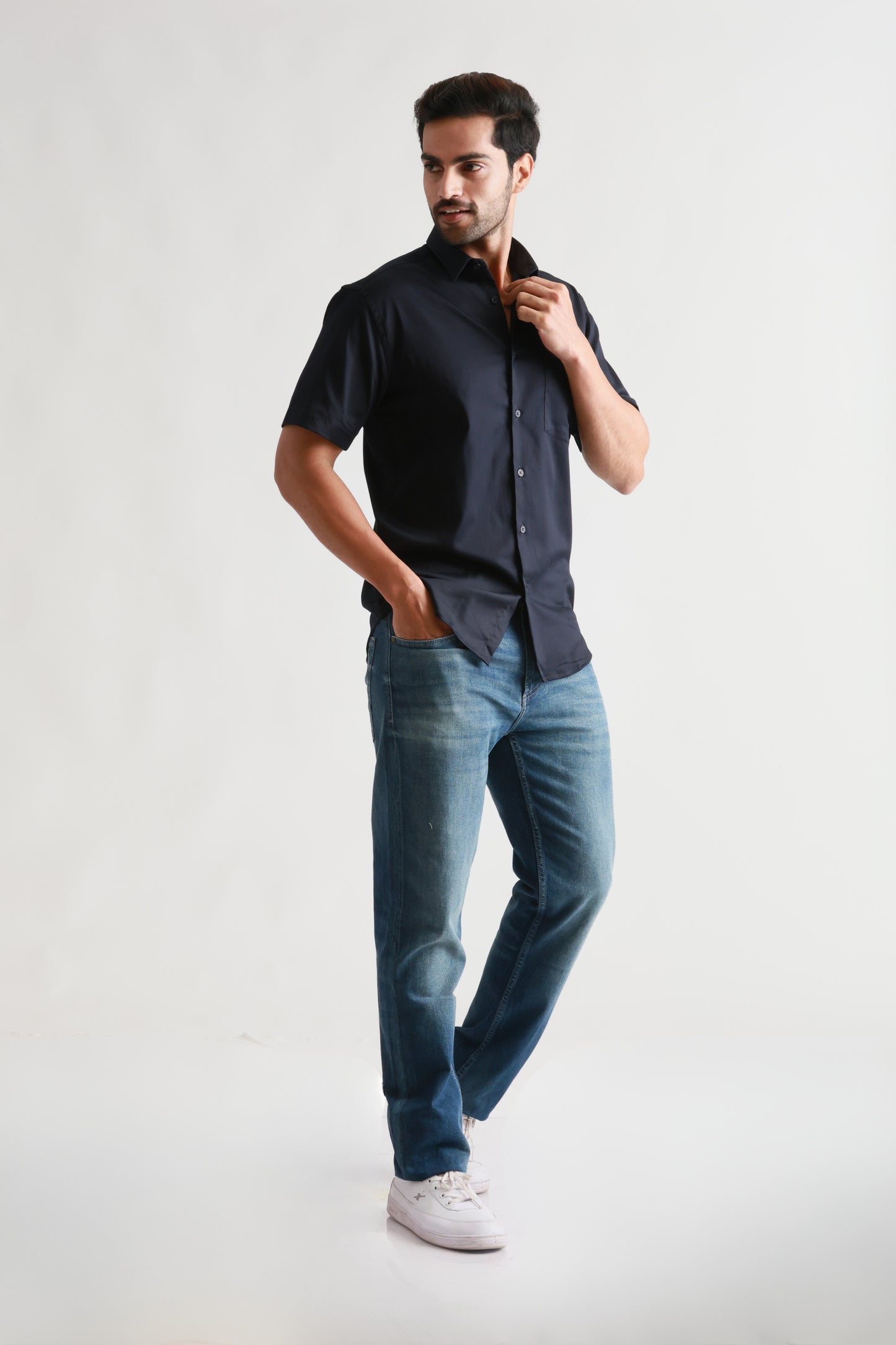 Half Sleeve Navy Satin Shirt