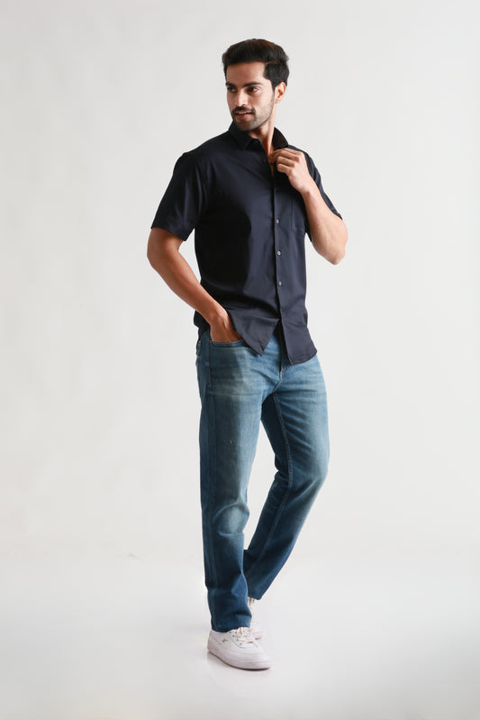 Half Sleeve Navy Satin Shirt
