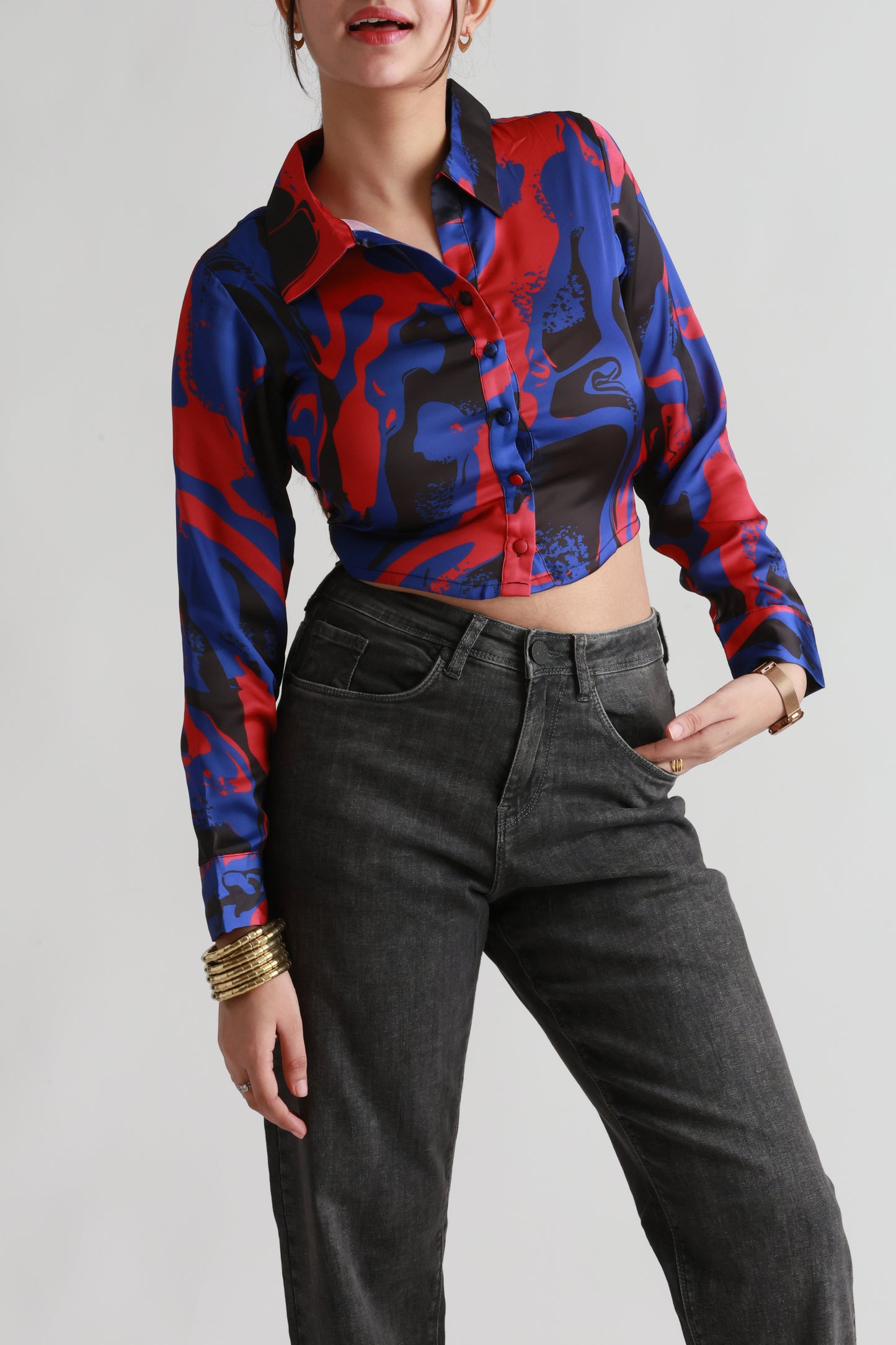 Blue Red Satin crop shirt