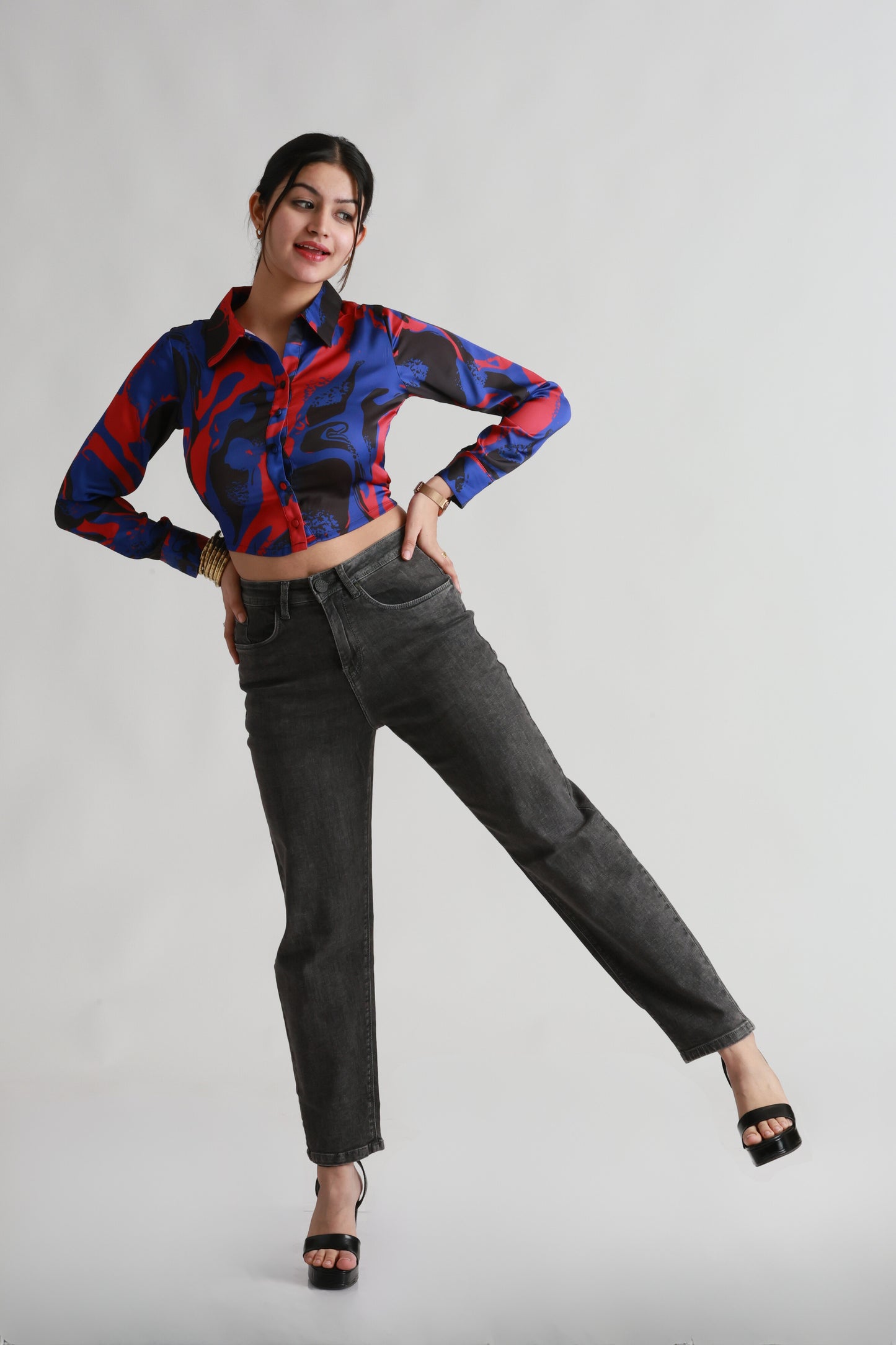 Blue Red Satin crop shirt