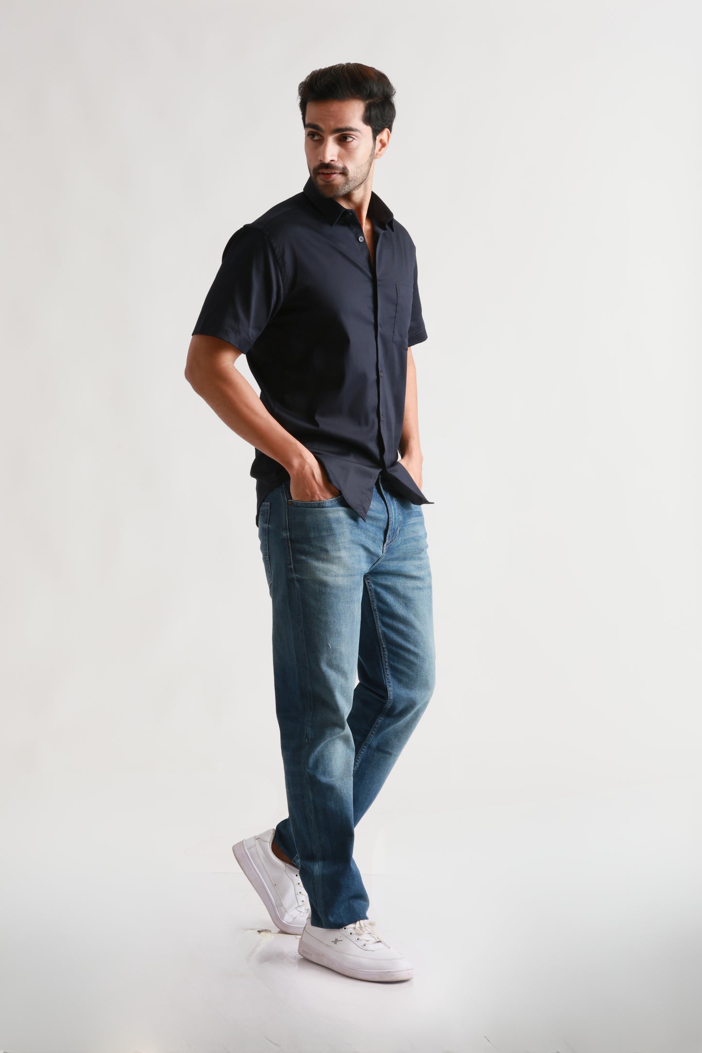 Half Sleeve Navy Satin Shirt