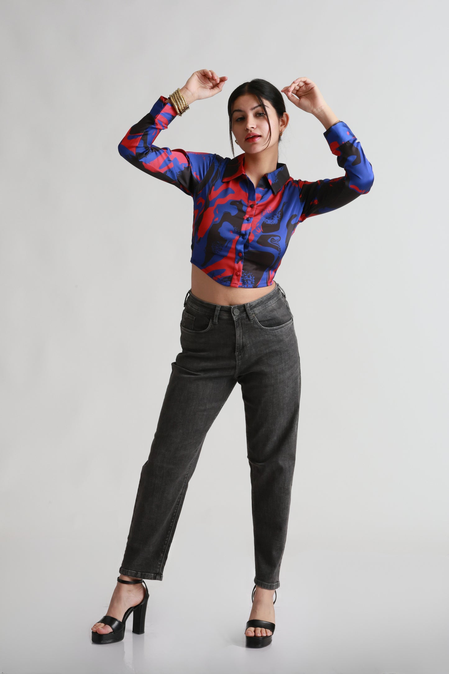 Blue Red Satin crop shirt