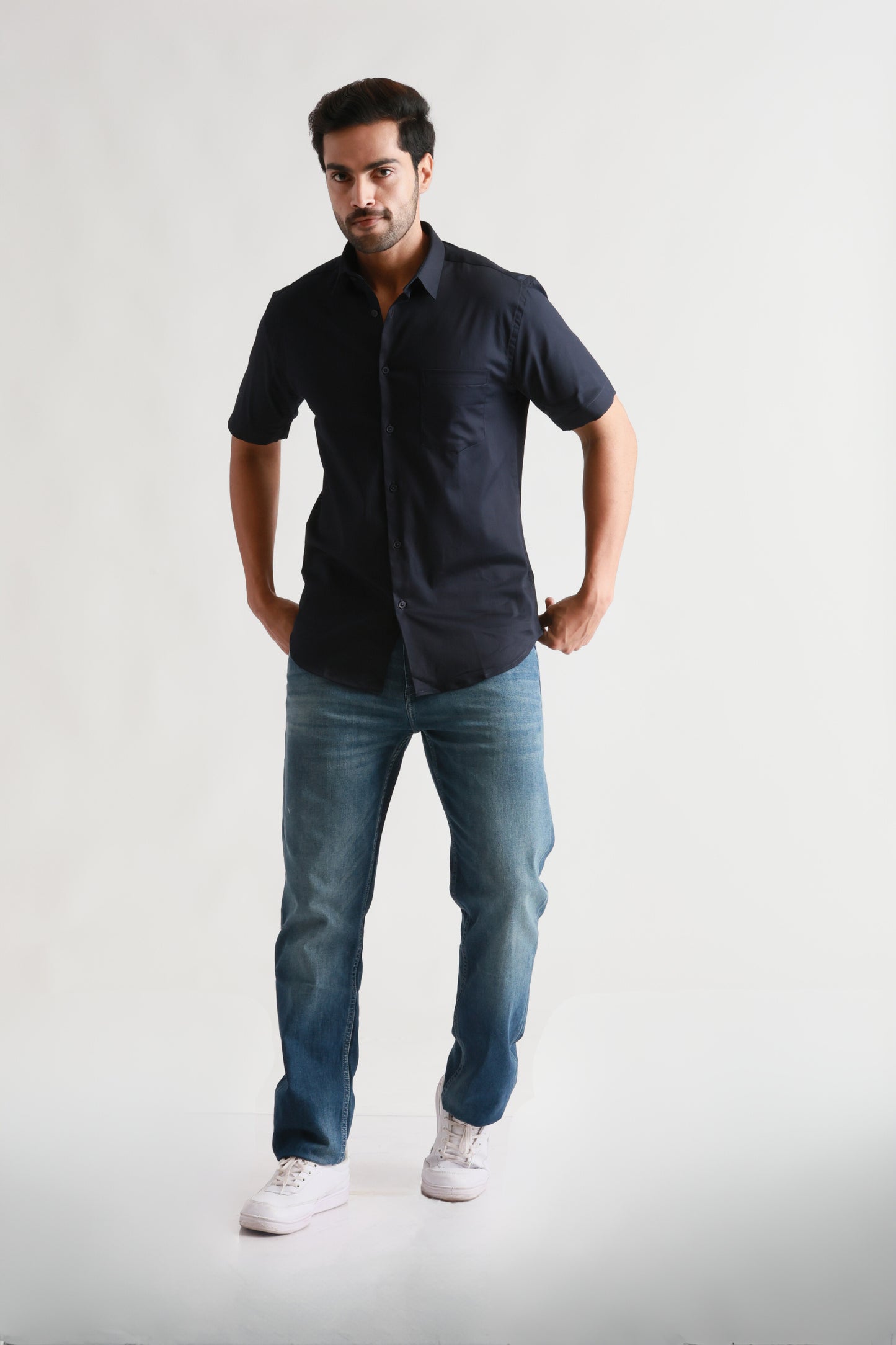 Half Sleeve Navy Satin Shirt