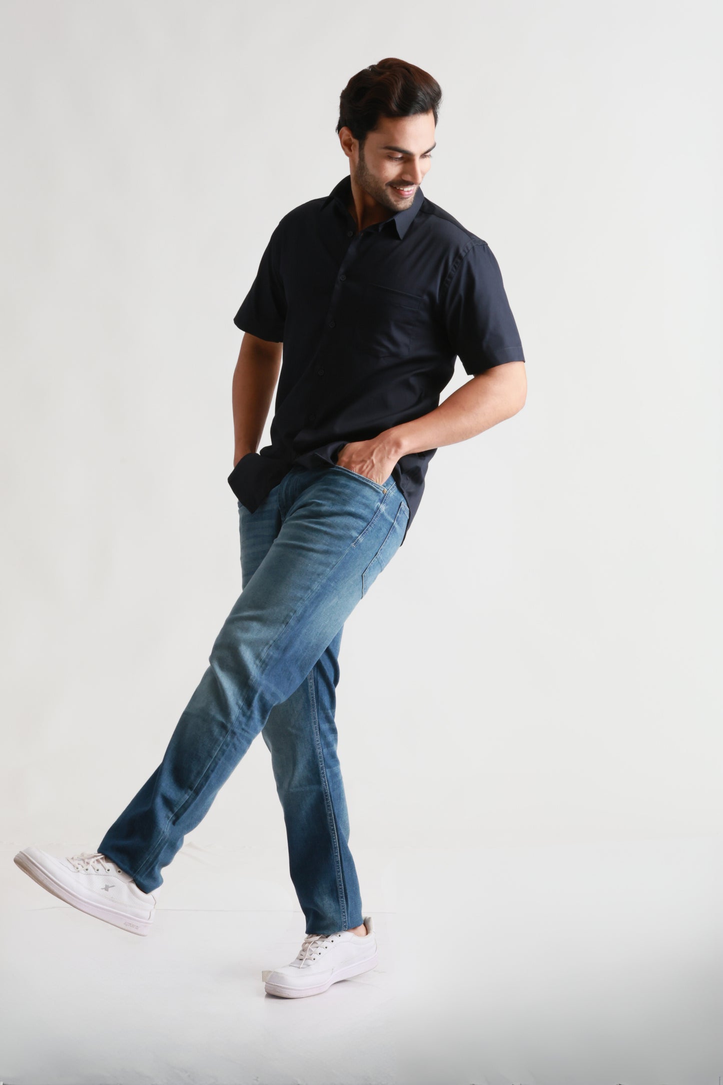Half Sleeve Navy Satin Shirt