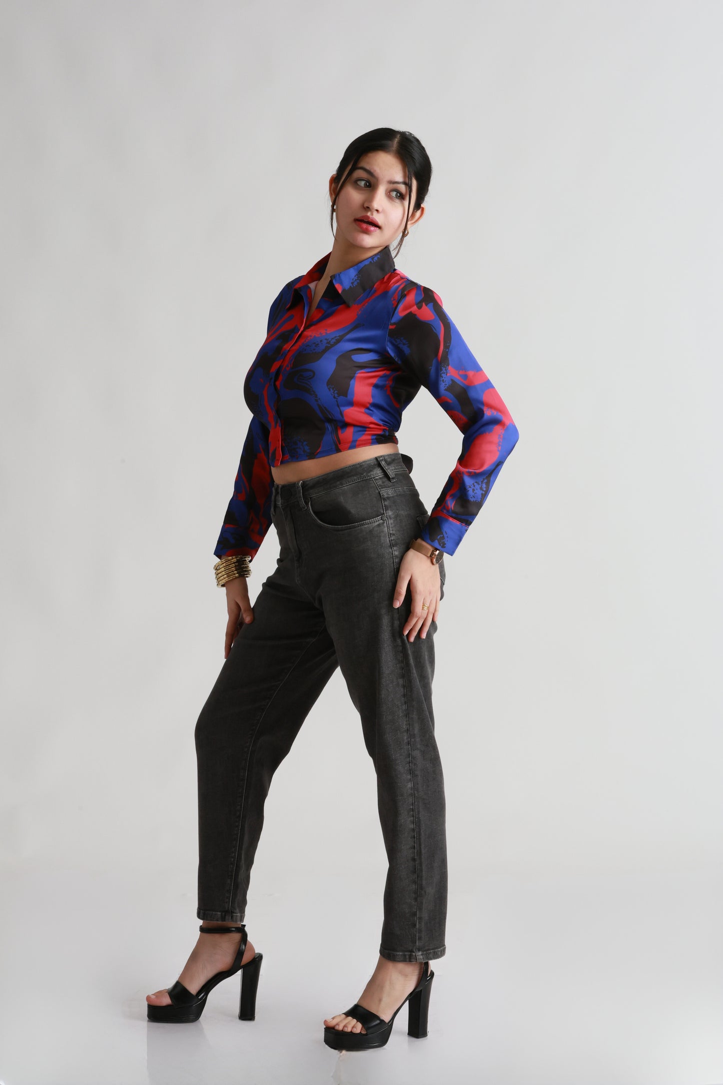 Blue Red Satin crop shirt