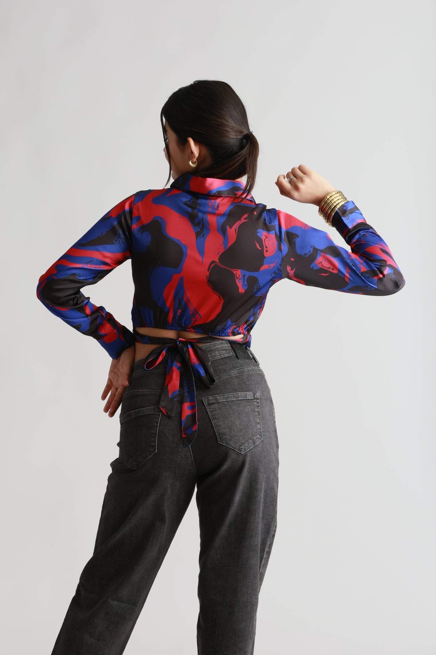 Blue Red Satin crop shirt
